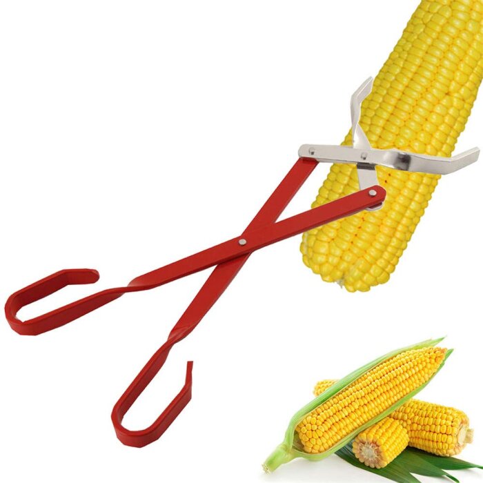 Verktyg för att hålla majskolv och tre majskolvar, en med blasten kvar.