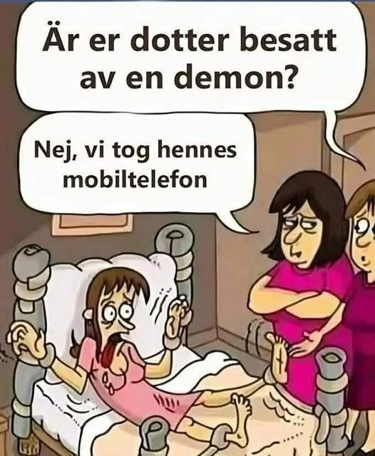 Tecknad serie där en tonårsflicka verkar bunden vid en säng, medan två vuxna pratar. En text beskriver humorn i att flickans mobil har tagits ifrån henne.