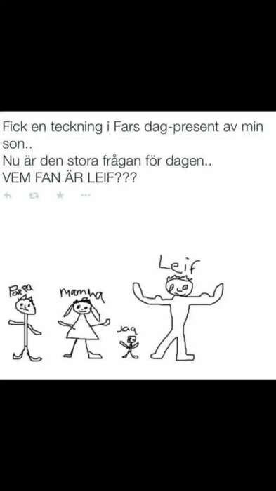 Teckning av en familj med pappa, mamma, barn och en okänd figur kallad Leif. Text: "Fars dag-present från sonen. Vem fan är Leif?