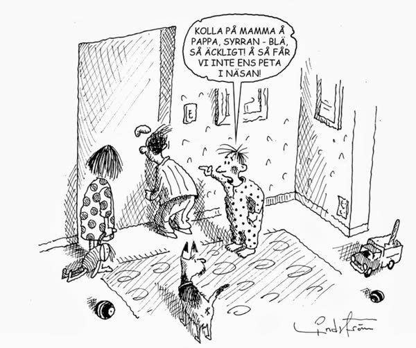 Tecknad serie av barn och en hund som kikar genom en dörrspringa och kommenterar en situation, med ett talande barn i fokus.