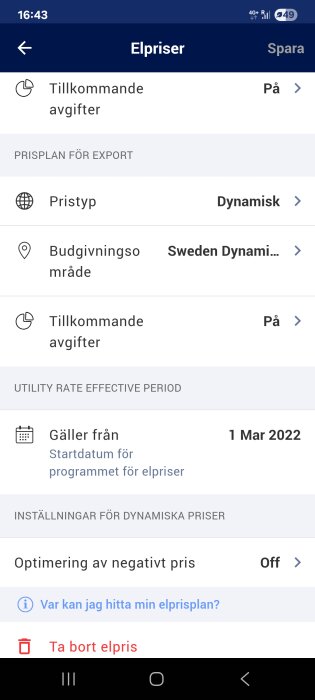 Appskärmdump av elprisinformation för Solaredge-inställningar, inklusive dynamiska prissytem och alternativ för negativ prisoptimering.