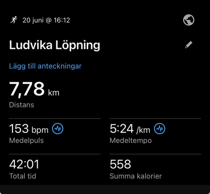 Träningssammanfattning för Ludvika löpning: 7,78 km distans, 153 bpm medelpuls, 5:24 min/km tempo, 42:01 total tid, 558 kalorier brända.