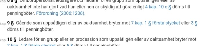 Skärmbild av juridisk text som beskriver påföljder för oaktsamhet enligt specifika paragrafer och kapitel i en förordning.