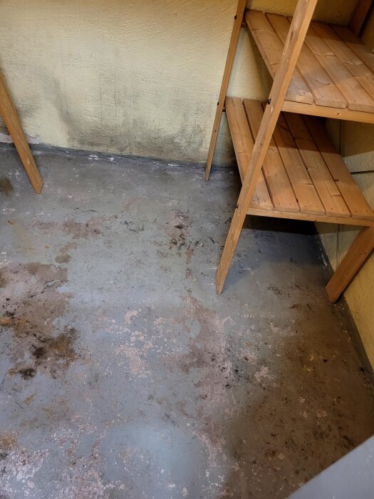 Gammalt målat betonggolv med färgsläpp och fläckar, intill trähyllor i en matkällare.