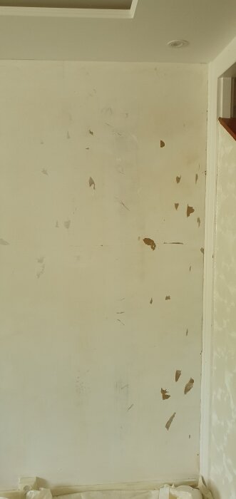 Gipsvägg med avskalade tapeter, fläckar och ojämnheter synliga. Förberedd för målning eller behandling i radhus från 1991.