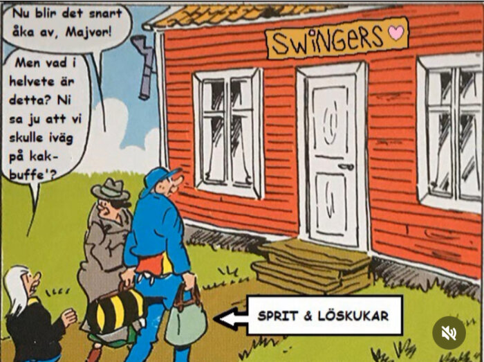 Serieteckning där äldre kvinnor anländer till en stuga märkt "Swingers", tror att de ska till kakbuffé. Skylt pekar på deras väska: "Sprit & löskukar".
