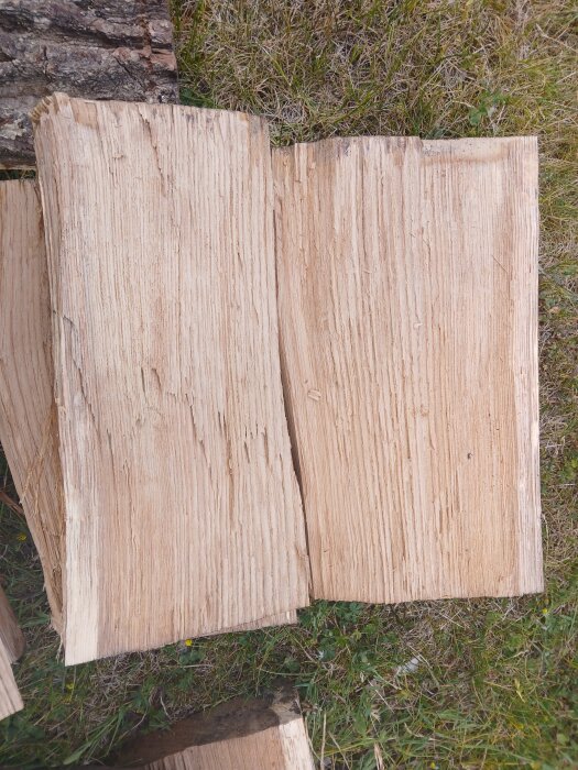 Hyvlade träplattor på gräs, potentiellt ek eller björk, beräknas användas för att tillverka askar.