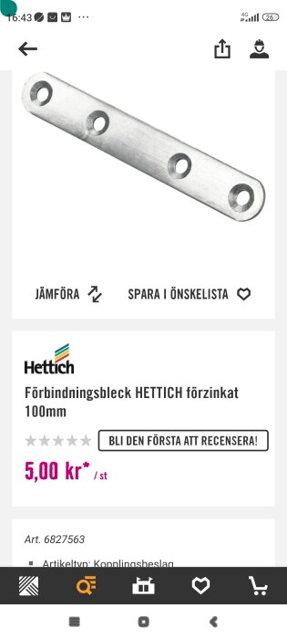Förzinkat förbindningsbleck från Hettich, 100 mm, med fyra hål för montering i bygg- och renoveringsprojekt.