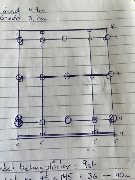 Ritning med mått på 4,9 x 3,7 meter med cirklar markerade som betongplintar i ett rutmönster.
