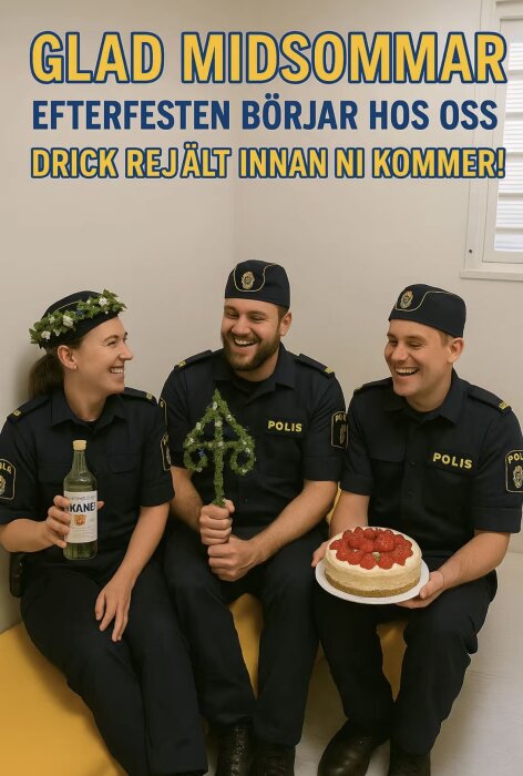 Poliser i uniform firar midsommar med snaps, krans, och jordgubbstårta, sitter leende framför en skylt med texten "Glad Midsommar".