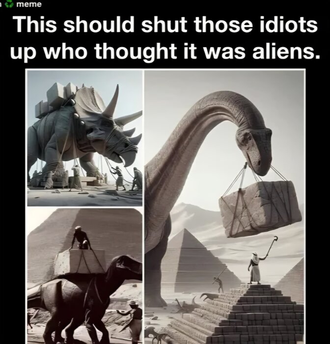 Dinosaurier hjälper forntida folk att bygga pyramider genom att bära stora stenar, en illustration som skämtar om alternativa byggteorier.