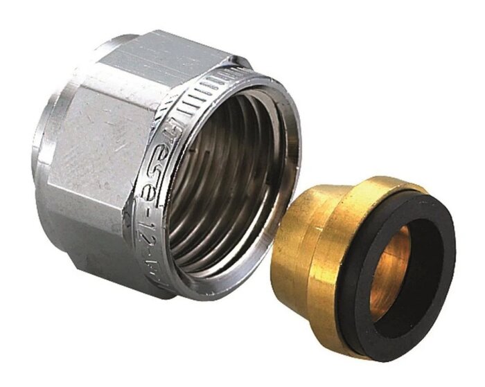 Frese halvkoppling i förkromad mässing med yttre påverkan och gummipackning visas på bilden.