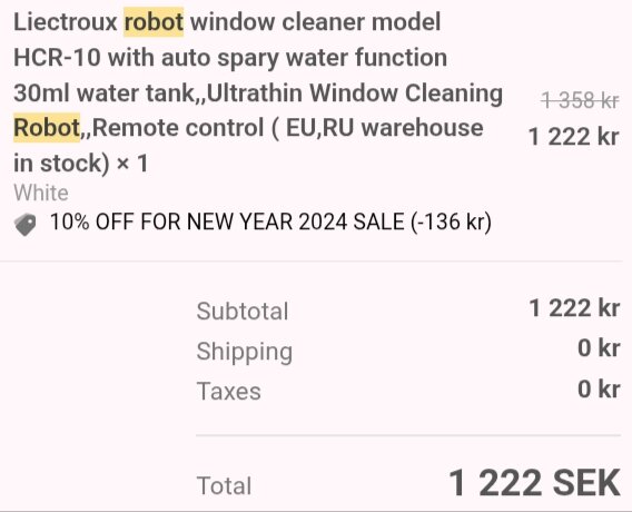 Kvitto för Liectroux HCR-10 robotfönsterputsare med automatisk vattenfunktion, nedsatt pris 1 222 kr under nyårsförsäljning 2024.