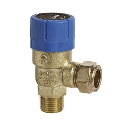 Säkerhetsventil med blå hatt för vattenpump, markerad med 1/2" och 6 bar tryck.