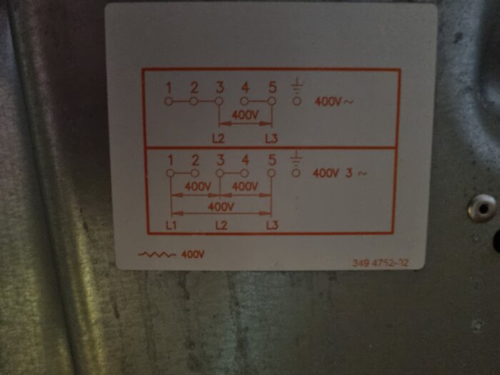Instruktionslabel på spis som visar anslutningsdiagram för 400V, med faser märkta L1, L2, och L3.
