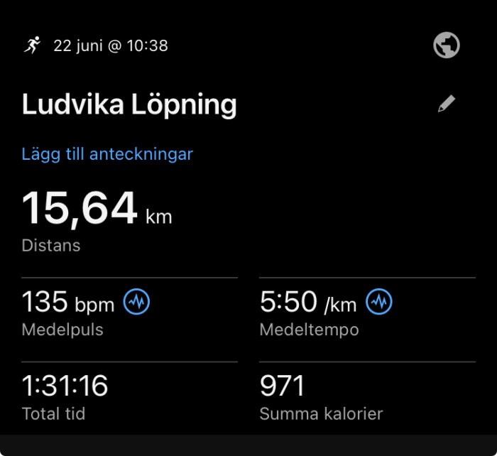 Skärmdump av löpningsstatistik med detaljer om distans 15,64 km, medelpuls 135 bpm, medeltempo 5:50/km, total tid 1:31:16 och kalorier 971.