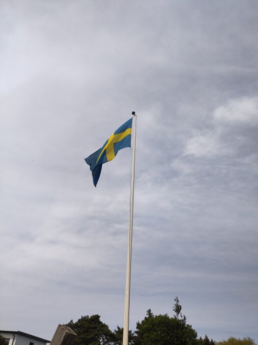 Svensk flagga vajar på en flaggstång under molnig himmel.