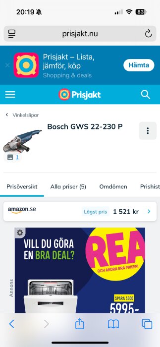 Prisjakt-sida för Bosch GWS 22-230 P vinkelslip med prisinformation och Amazon som billigaste alternativ.