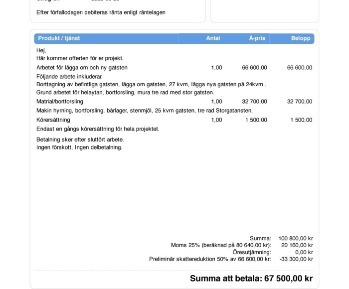 Offert för stenläggning: arbete med gammal och ny gatsten, borttagning, material och körersättning. Total summa 67 500 kr efter ROT-avdrag. Betalning efter slutfört arbete.