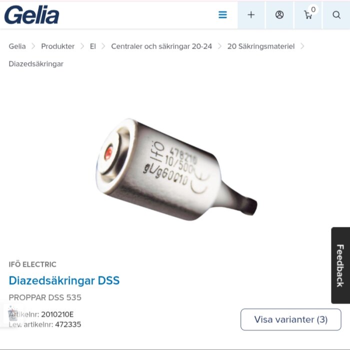 Diazedsäkring DSS 535 från IFÖ Electric, produktbild från Gelias webbplats, artikelnummer 2010210E.