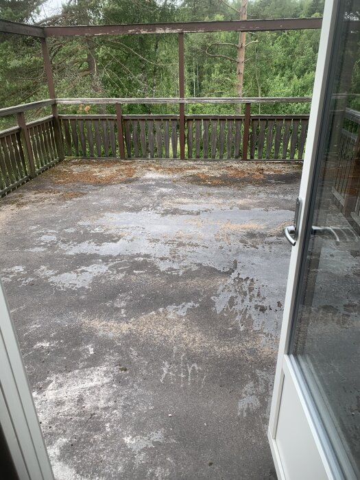 Öppet uterum med slitet golv och trästaket, omgiven av grönska och träd.