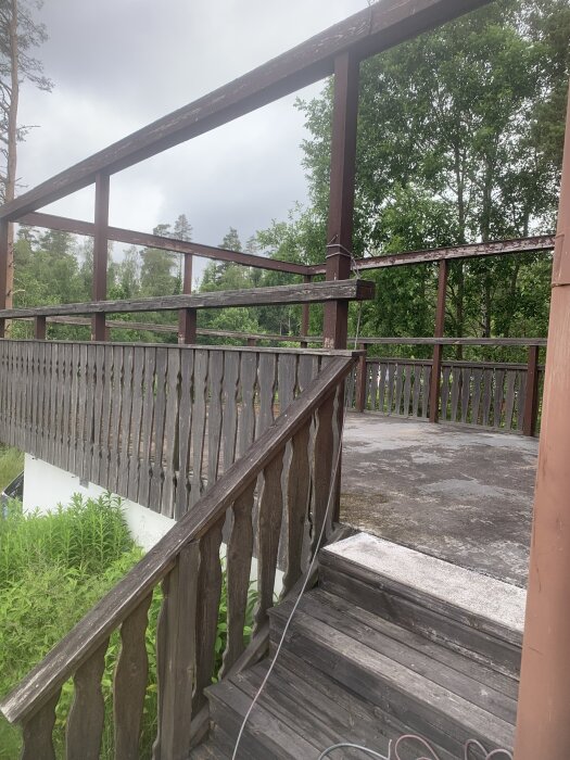 Träaltan med r äcke och stege, omgiven av grönska.