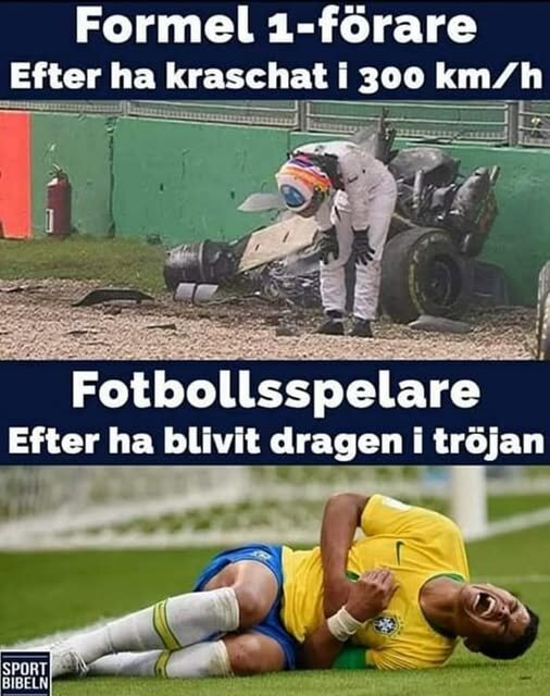 Formel 1-förare vid kraschat fordon, och fotbollsspelare på marken hålla sig för smärtan.