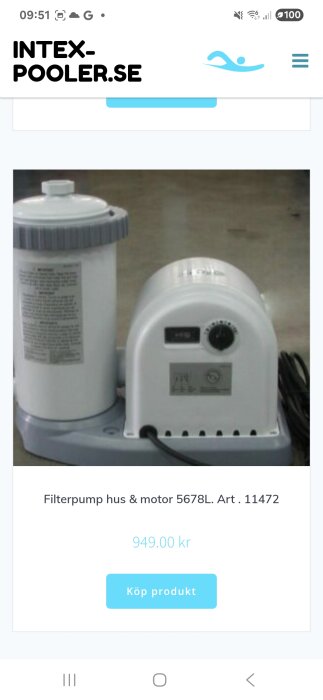 Filterpump och motor 5678L från Intex-Pooler.se, visas med kontrollratt och etikett på en plattform. Pris 949 kr.