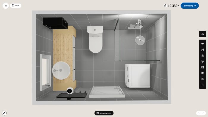 Översiktsbild av badrum med vask framför fönster, toalett, dusch och tvättmaskin, mörkgrå kakel och träfärgad panel.