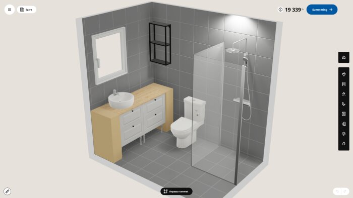 3D-plan över badrum med vask framför fönster, ek bänkskiva, vit kommod, toalett, dusch med glasdörrar, och väggmonterad hylla.