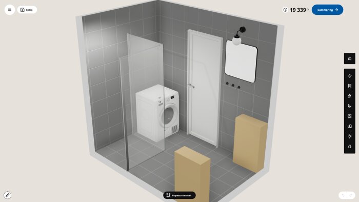 3D-design av badrum med tvättmaskin, dusch med vikbara dörrar, spegel med lampa och två beige moduler på grått klinkergolv.