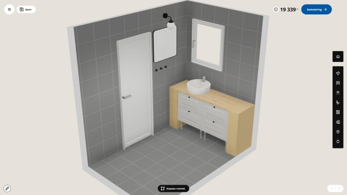 3D-modell av ett badrum med vit dörr, inglasat fönster, rund diskho på ek-bänkskiva, vita skåp nedanför och en väggmonterad spegel.