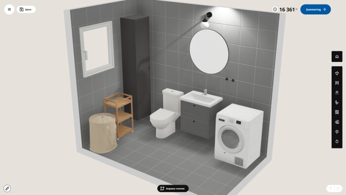 3D-modell av ett badrum med toalett, handfat, spegel, tvättmaskin och förvaringsmöbler. Grå kakelväggar och fönster till vänster.