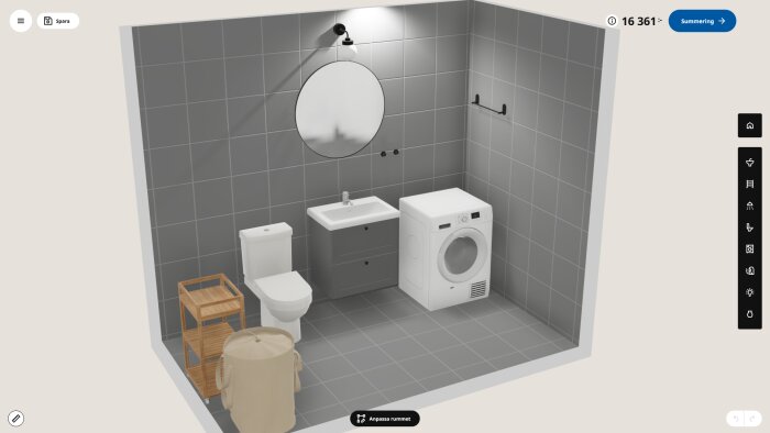 3D-renderat badrum med mörkgrå kaklade väggar, tvättmaskin, handfat, toalett, rund spegel och förvaringskorg.