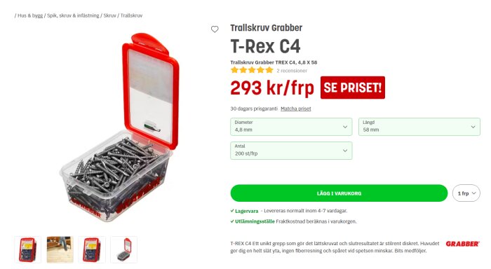 Plastlåda med trallskruv Grabber T-Rex C4, diameter 4,8 mm, längd 58 mm. Pris 293 kr.