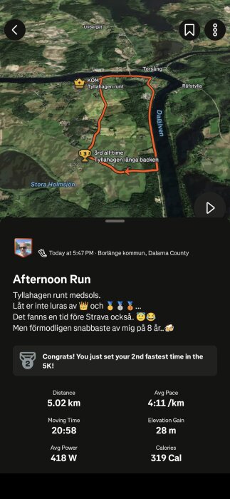 Löprunda runt Tyllahagen i Borlänge på karta, resultat: 5,02 km, 20:58 min, 4:11/km, 28 m höjdstigning, 319 kalorier. Gratulationer för snabb tid.