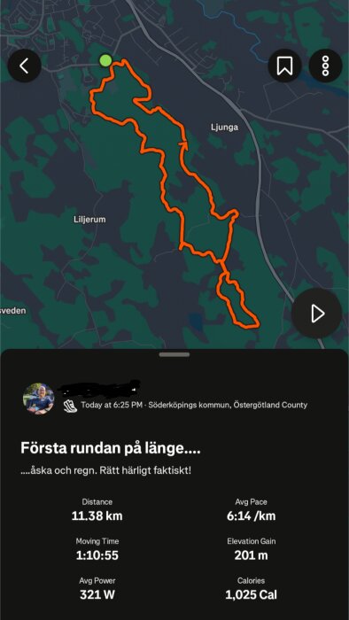 Karta över en löprunda på 11,38 km i Söderköping, med rutt markerad i orange och statistik som distans, fart, tid, höjdökning och kalorier.
