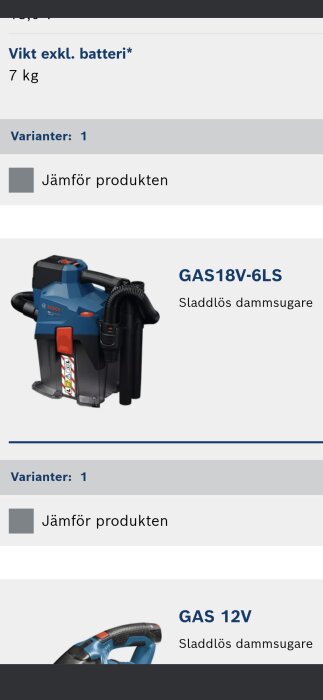 Elektrisk 18V sladdlös dammsugare GAS18V-6LS i blå och svart design med bärhandtag och röd knapp, väskmodell.