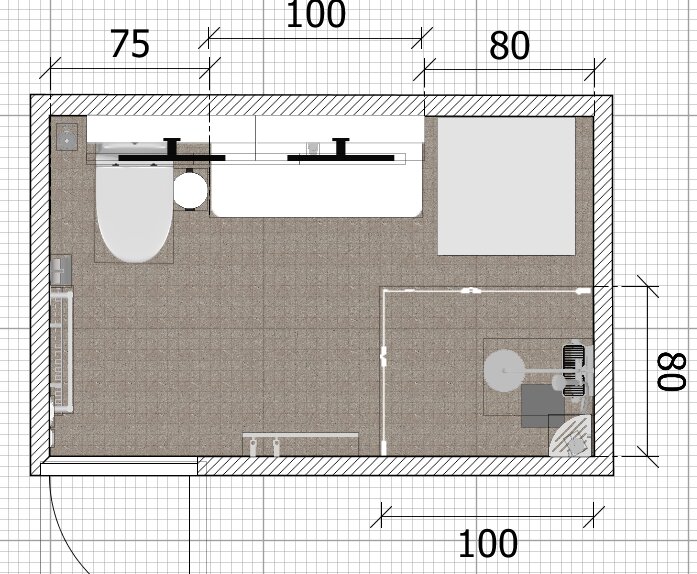 Planritning över ett badrum med toalett, handfat, dusch och tvättmaskin. Mått och elementets placering visas.