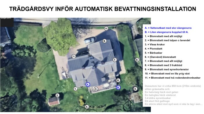 Google Earth-bild av trädgård med markerade rabatter och vattenutkast, planerad för automatiskt bevattningssystem.