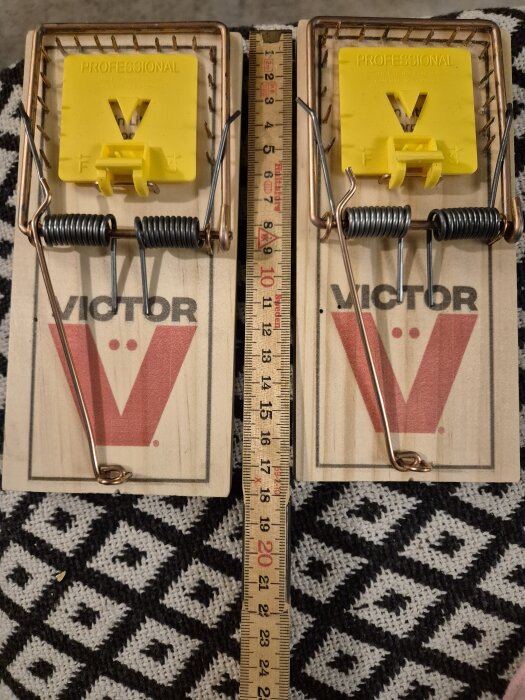 Två Victor råttfällor med metallspikar på träbotten för extra effektivitet, placerade bredvid en tumstock på ett mönstrat underlag.