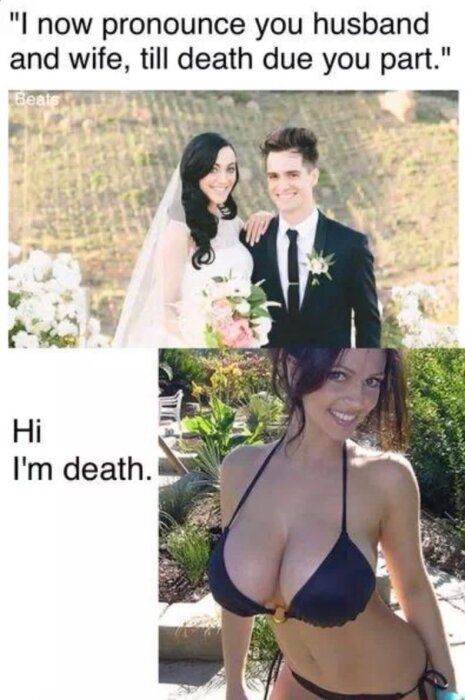 Bröllopsscen med brudpar ovanför, och en kvinna i bikini nedanför med texten "Hi, I'm death".