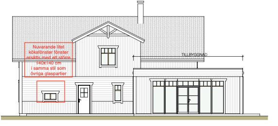 Skiss av husfasad med markerade fönster, nuvarande litet köksfönster och planerat nytt större fönster; förslag på design och placering.