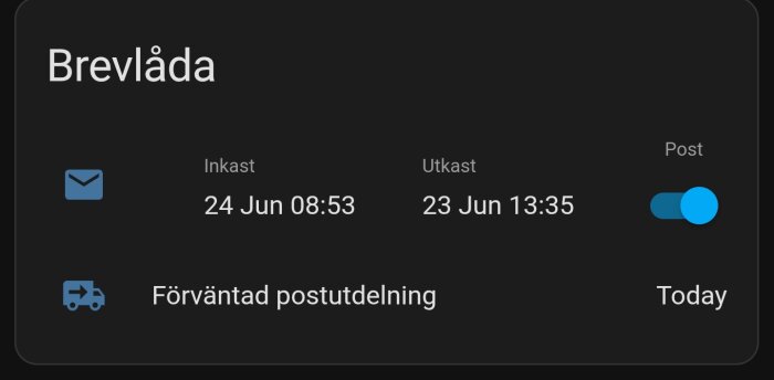 Bild av en smart brevlåda-app som visar inkast och utkast med datum och tid, samt förväntad postutdelning markerad som "Today".