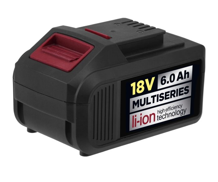 Batteri 18V 6.0 Ah, passande för multiserieverktyg, med li-ion-teknologi och olika batterifästen.