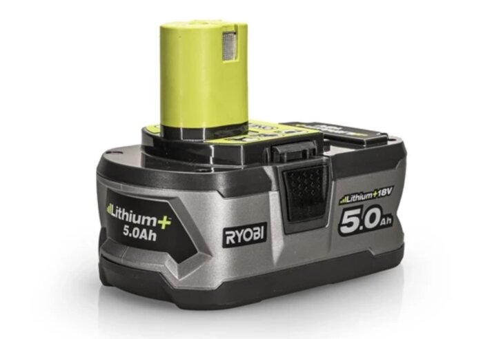 Batteri Ryobi 18V Lithium+ 5.0Ah med grönt och svart fäste.