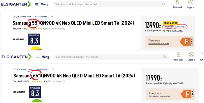Elgiganten-prislistor för Samsung 55" och 65" QN90D 4K TV; 55" kostar 13990 kr, tidigare 22990 kr, och 65" kostar 17990 kr.