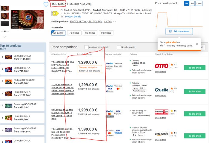 Prisjämförelse av TCL 65-tums TV med olika återförsäljare i Tyskland, priser från 1 299 till 1 599 euro, leveransdetaljer och betyg visas.