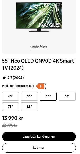 55" Neo QLED QN90D 4K Smart TV (2024) med pris 13 990 kr, rabatt från 22 990 kr. Sortimentstorlekar: 43", 50", 55", 65", 75", 85".