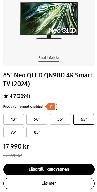Samsung 65" Neo QLED QN90D 4K Smart TV (2024), pris 17 990 kr, tidigare 27 990 kr, med storleksalternativ och produktomdöme 4.7 av 5.